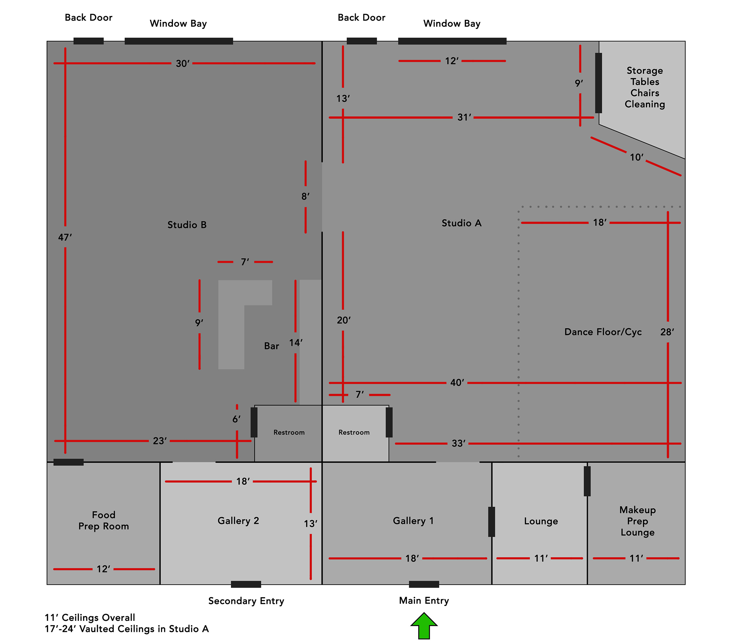 Studio 100 floorplan with details